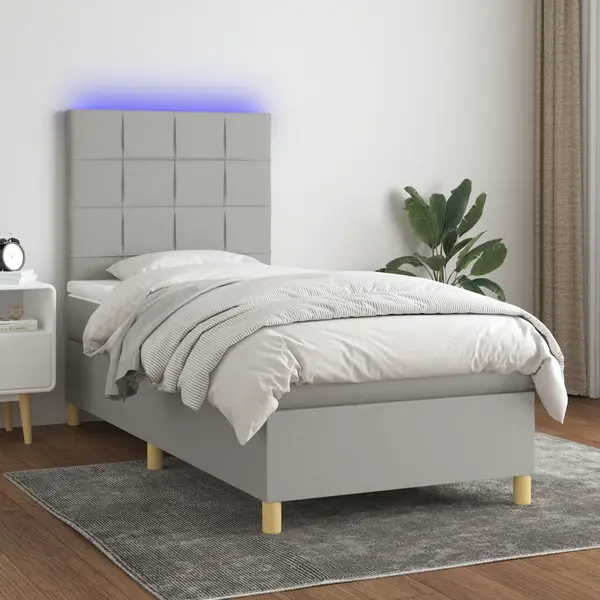 Gossi pat cu arcuri, saltea si led, gri deschis, 90x200 cm, textil