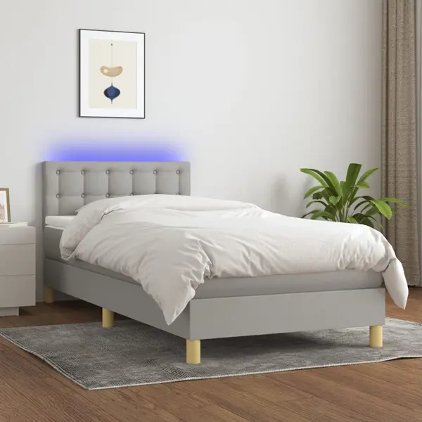 Gossi pat cu arcuri, saltea si led, gri deschis, 90x200 cm, textil