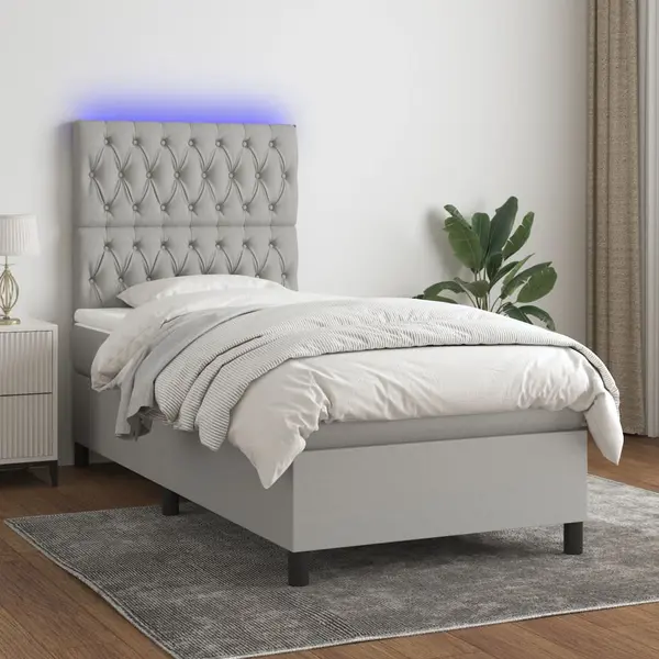 Gossi pat cu arcuri, saltea si led, gri deschis, 90x200 cm, textil