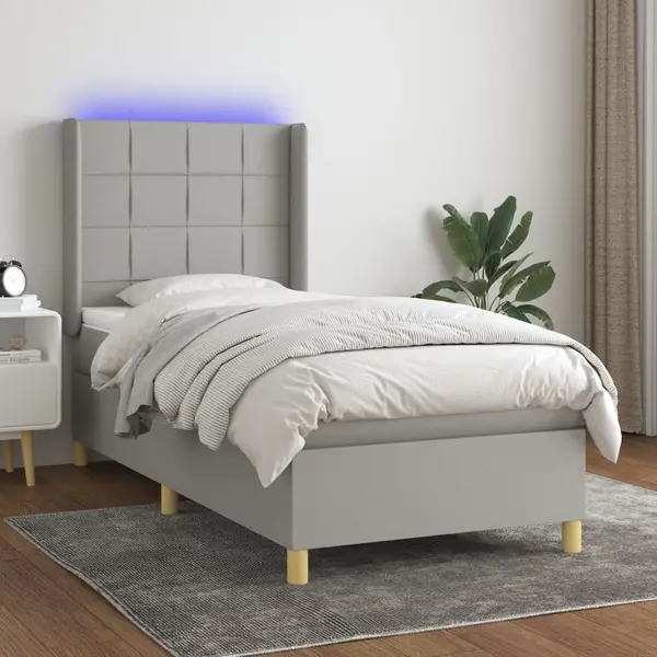 Gossi pat cu arcuri, saltea si led, gri deschis, 90x200 cm, textil