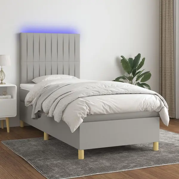 Gossi pat cu arcuri, saltea si led, gri deschis, 90x200 cm, textil