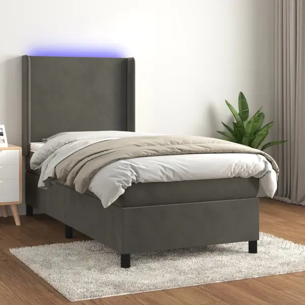 Gossi pat cu arcuri, saltea si led, gri inchis, 100x200 cm, catifea