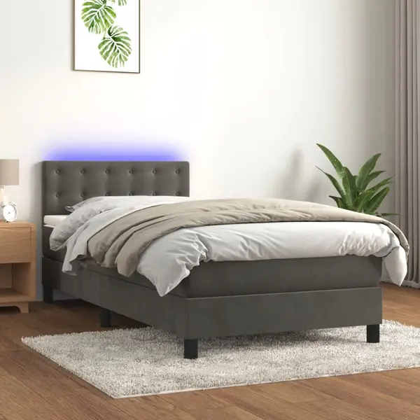 Gossi pat cu arcuri, saltea si led, gri inchis, 100x200 cm, catifea