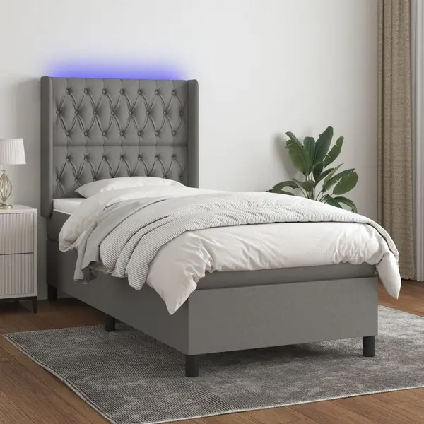 Gossi pat cu arcuri, saltea si led, gri inchis, 100x200 cm, textil