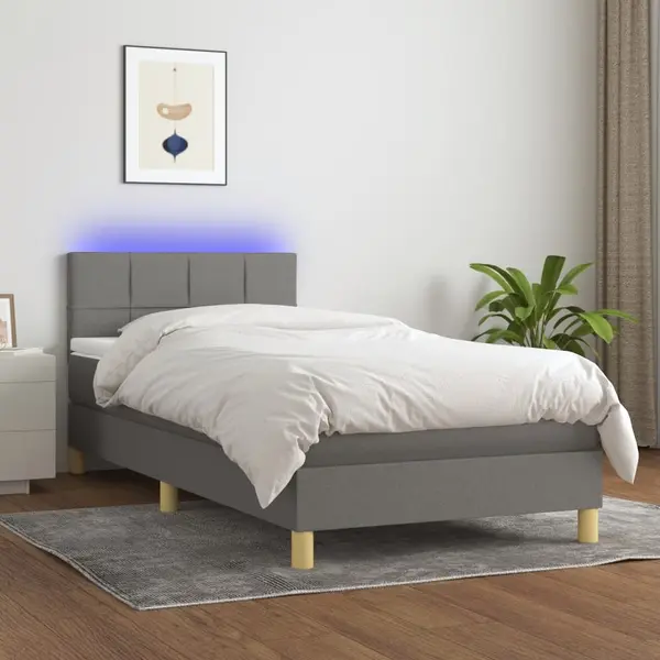 Gossi pat cu arcuri, saltea si led, gri inchis, 100x200 cm, textil