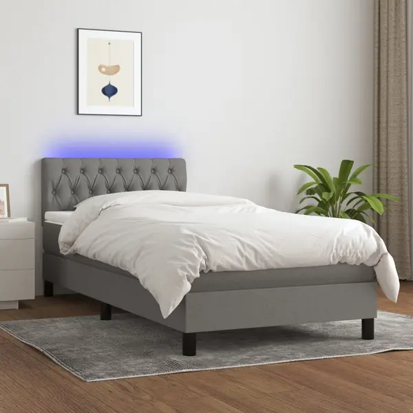 Gossi pat cu arcuri, saltea si led, gri inchis, 100x200 cm, textil