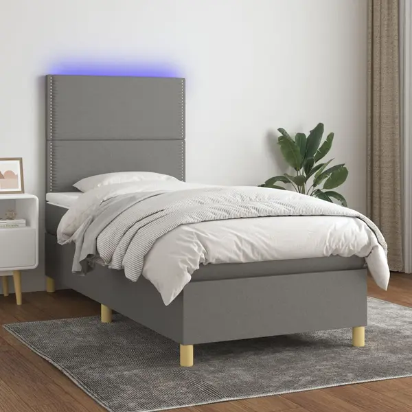 Gossi pat cu arcuri, saltea si led, gri inchis, 100x200 cm, textil