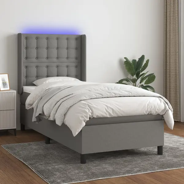 Gossi pat cu arcuri, saltea si led, gri inchis, 100x200 cm, textil