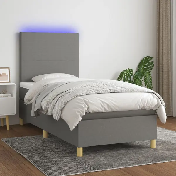 Gossi pat cu arcuri, saltea si led, gri inchis, 100x200 cm, textil