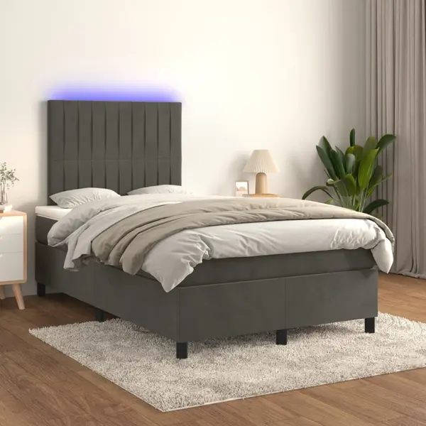 Gossi pat cu arcuri, saltea si led, gri inchis, 120x200 cm, catifea