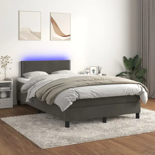 Gossi pat cu arcuri, saltea si led, gri inchis, 120x200 cm, catifea