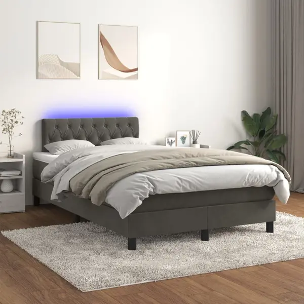 Gossi pat cu arcuri, saltea si led, gri inchis, 120x200 cm, catifea