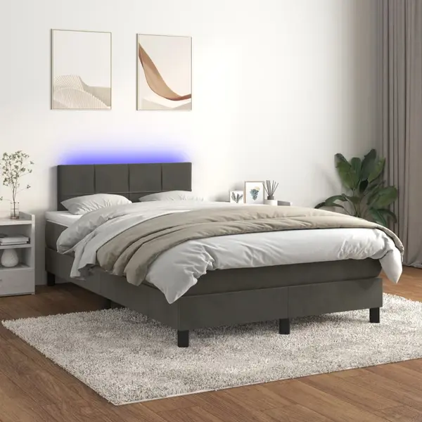 Gossi pat cu arcuri, saltea si led, gri inchis, 120x200 cm, catifea