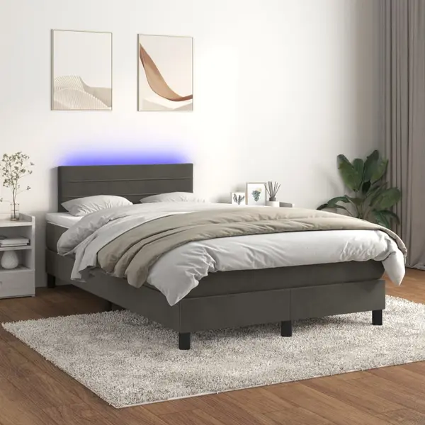 Gossi pat cu arcuri, saltea si led, gri inchis, 120x200 cm, catifea