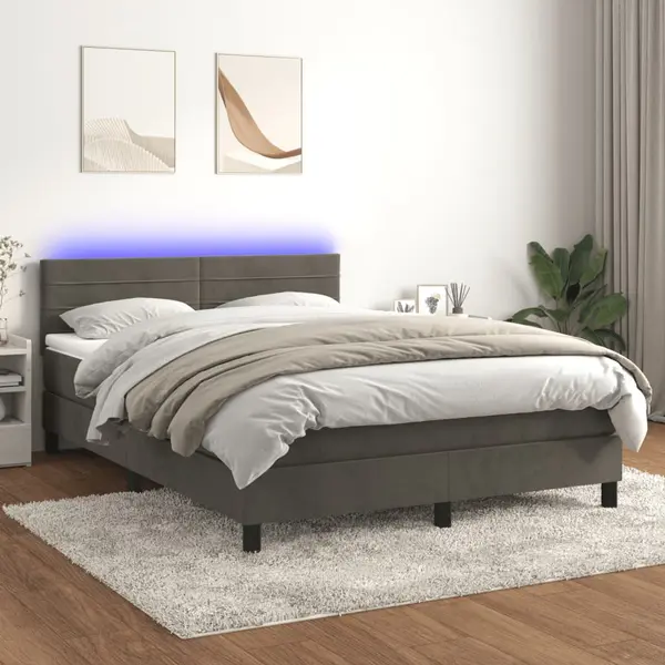 Gossi pat cu arcuri, saltea si led, gri inchis, 140x190 cm, catifea