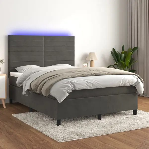 Gossi pat cu arcuri, saltea si led, gri inchis, 140x190 cm, catifea