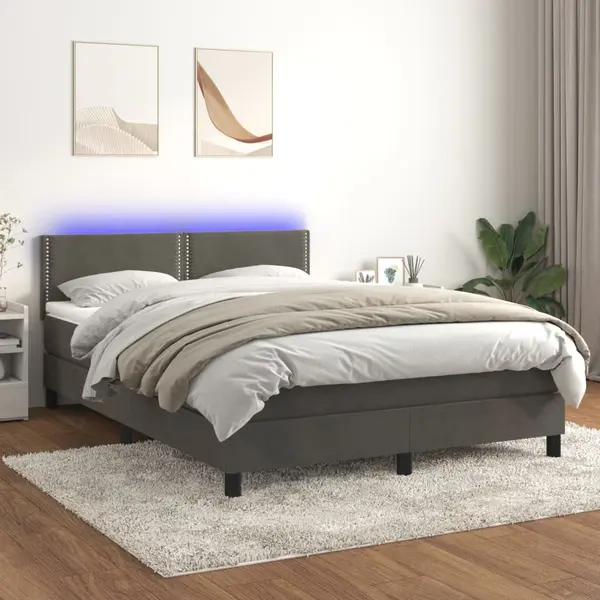 Gossi pat cu arcuri, saltea si led, gri inchis, 140x190 cm, catifea