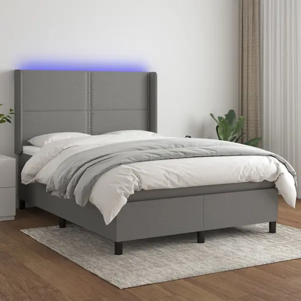 Gossi pat cu arcuri, saltea si led, gri inchis, 140x190 cm, textil