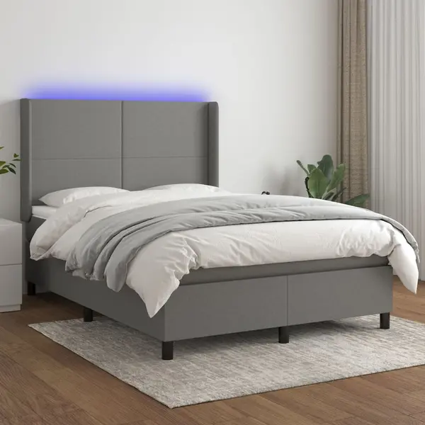 Gossi pat cu arcuri, saltea si led, gri inchis, 140x190 cm, textil