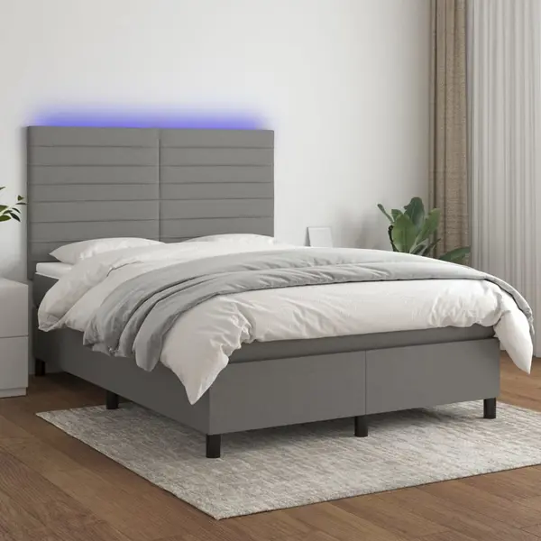 Gossi pat cu arcuri, saltea si led, gri inchis, 140x190 cm, textil