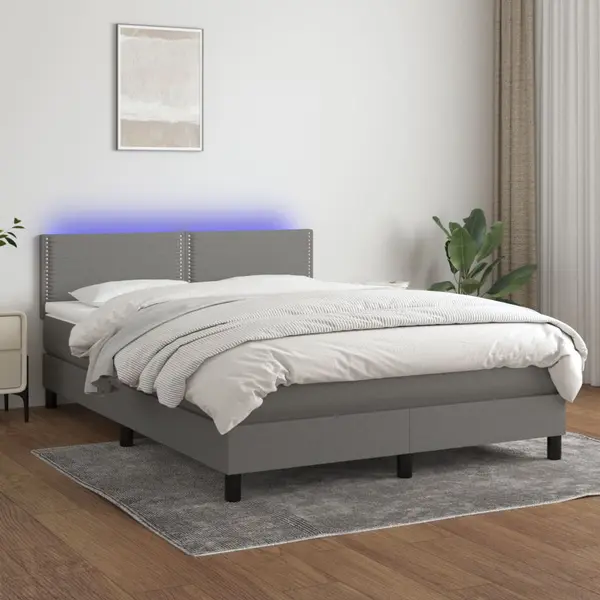 Gossi pat cu arcuri, saltea si led, gri inchis, 140x190 cm, textil