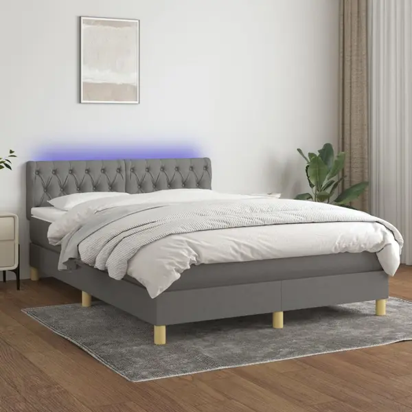 Gossi pat cu arcuri, saltea si led, gri inchis, 140x190 cm, textil
