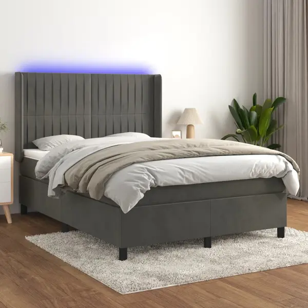 Gossi pat cu arcuri, saltea si led, gri inchis, 140x200 cm, catifea