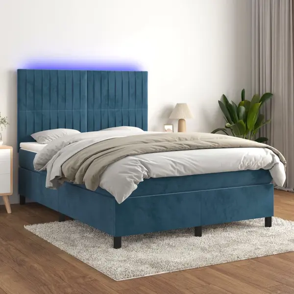 Gossi pat cu arcuri, saltea si led, gri inchis, 140x200 cm, catifea
