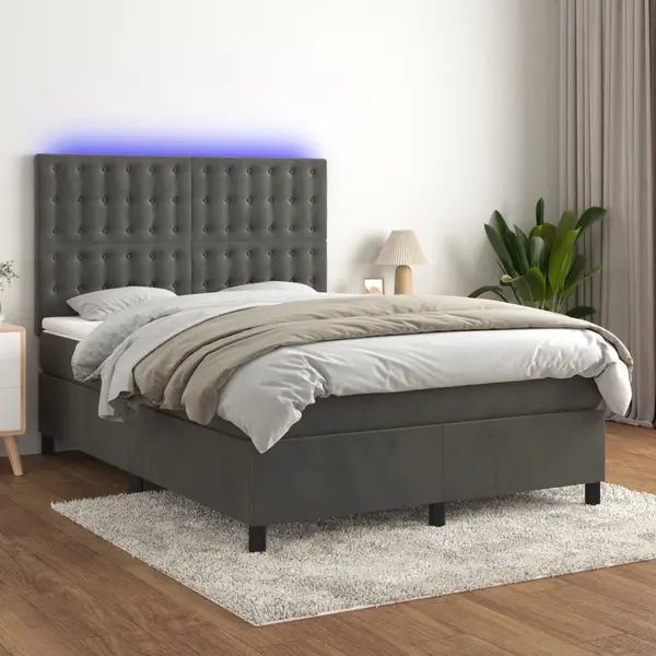 Gossi pat cu arcuri, saltea si led, gri inchis, 140x200 cm, catifea