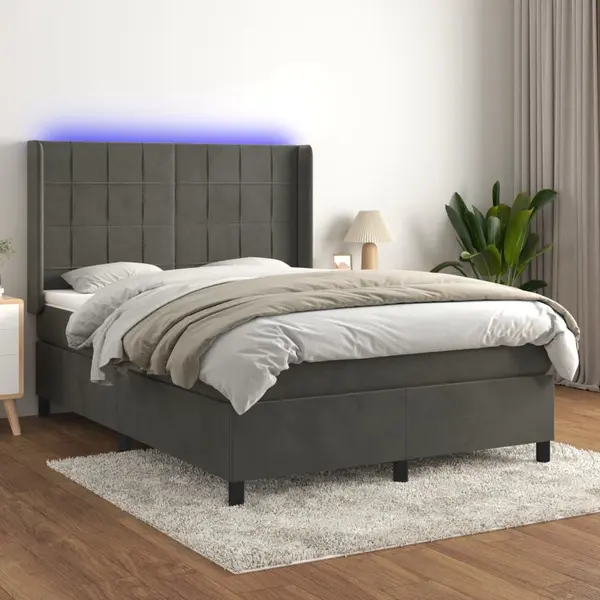 Gossi pat cu arcuri, saltea si led, gri inchis, 140x200 cm, catifea