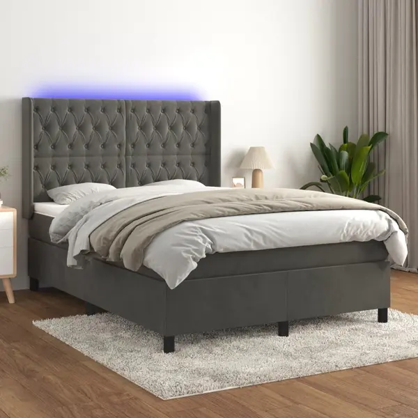 Gossi pat cu arcuri, saltea si led, gri inchis, 140x200 cm, catifea