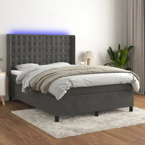 Gossi pat cu arcuri, saltea si led, gri inchis, 140x200 cm, catifea