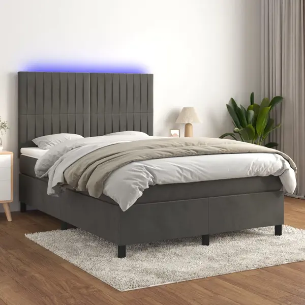 Gossi pat cu arcuri, saltea si led, gri inchis, 140x200 cm, catifea
