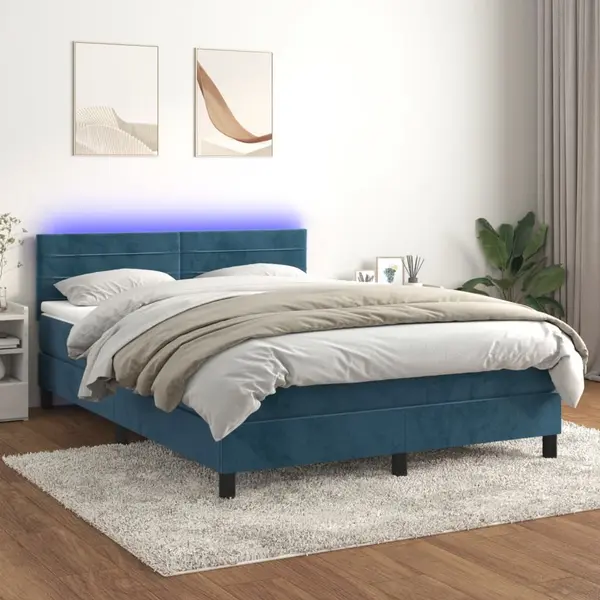 Gossi pat cu arcuri, saltea si led, gri inchis, 140x200 cm, catifea
