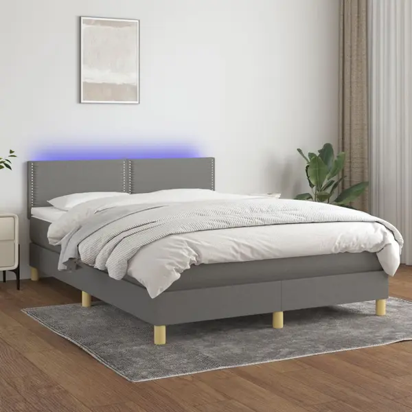 Gossi pat cu arcuri, saltea si led, gri inchis, 140x200 cm, textil
