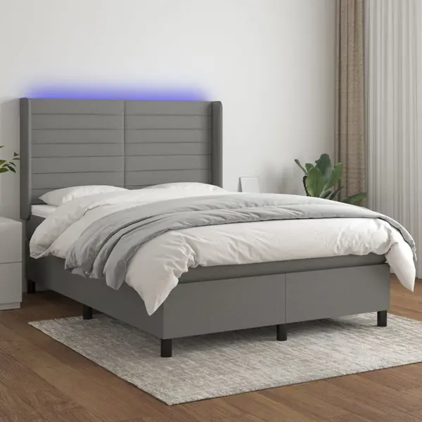 Gossi pat cu arcuri, saltea si led, gri inchis, 140x200 cm, textil