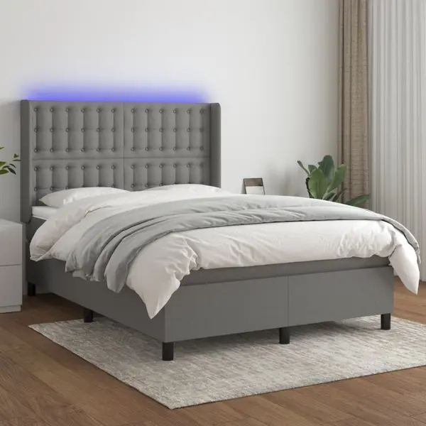 Gossi pat cu arcuri, saltea si led, gri inchis, 140x200 cm, textil