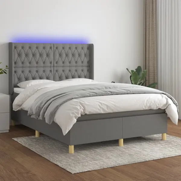 Gossi pat cu arcuri, saltea si led, gri inchis, 140x200 cm, textil