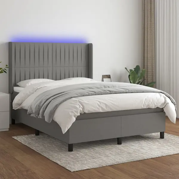 Gossi pat cu arcuri, saltea si led, gri inchis, 140x200 cm, textil