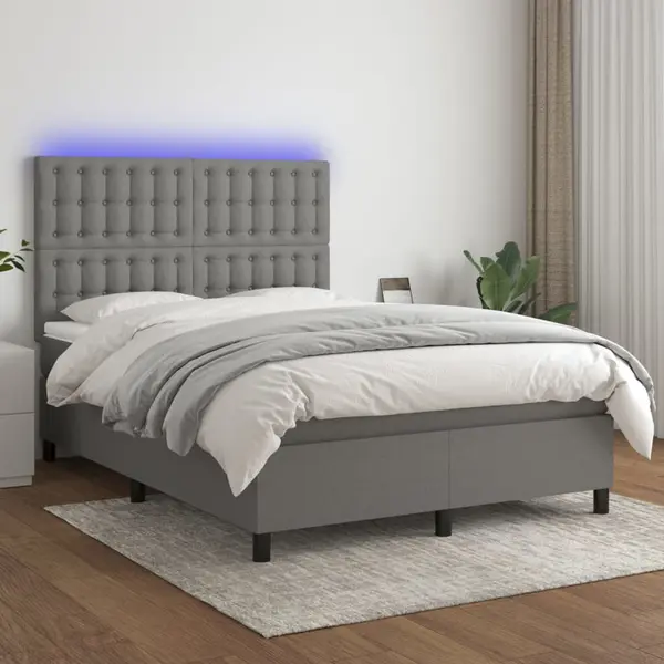 Gossi pat cu arcuri, saltea si led, gri inchis, 140x200 cm, textil