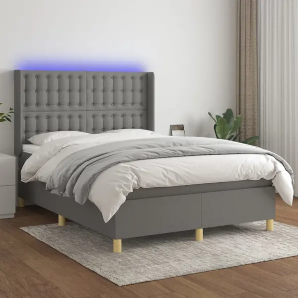 Gossi pat cu arcuri, saltea si led, gri inchis, 140x200 cm, textil