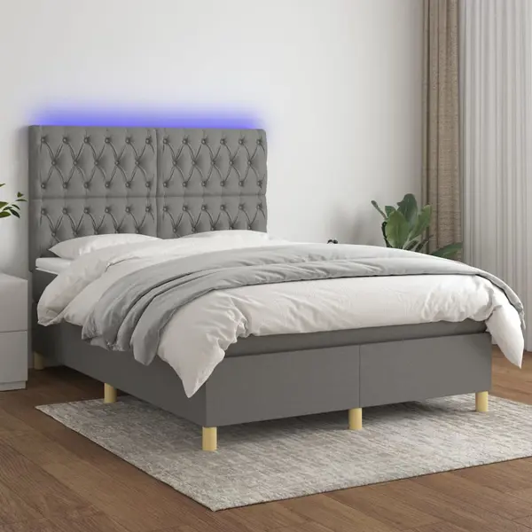Gossi pat cu arcuri, saltea si led, gri inchis, 140x200 cm, textil