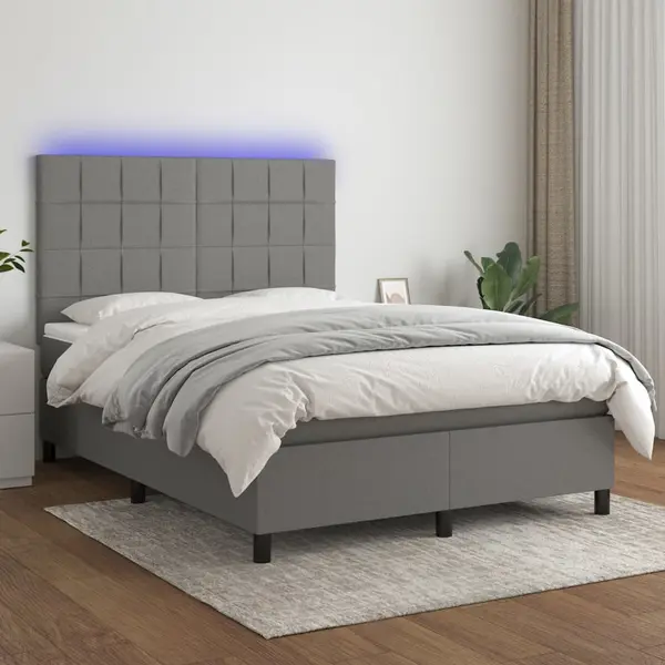 Gossi pat cu arcuri, saltea si led, gri inchis, 140x200 cm, textil