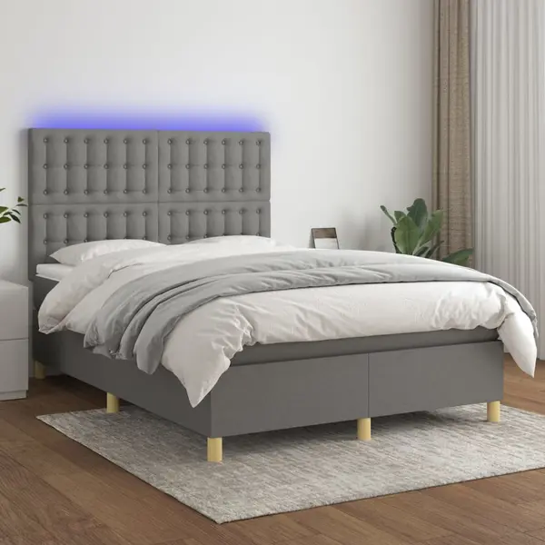 Gossi pat cu arcuri, saltea si led, gri inchis, 140x200 cm, textil