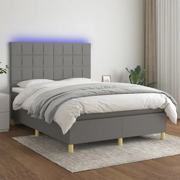 Gossi pat cu arcuri, saltea si led, gri inchis, 140x200 cm, textil
