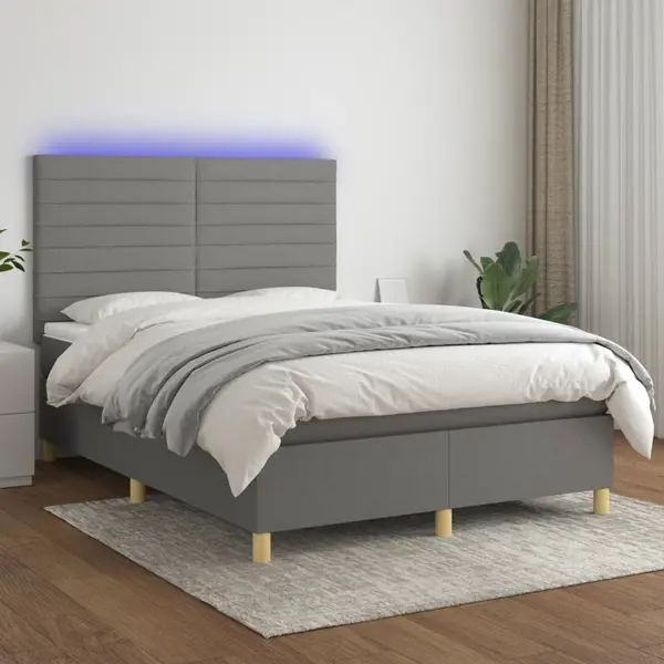 Gossi pat cu arcuri, saltea si led, gri inchis, 140x200 cm, textil