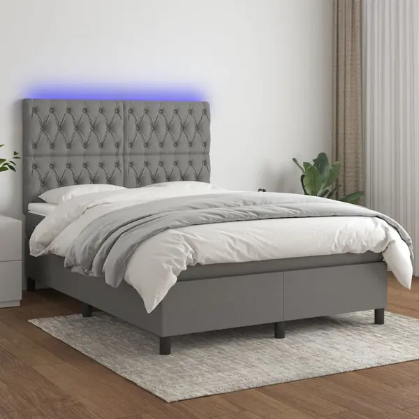 Gossi pat cu arcuri, saltea si led, gri inchis, 140x200 cm, textil