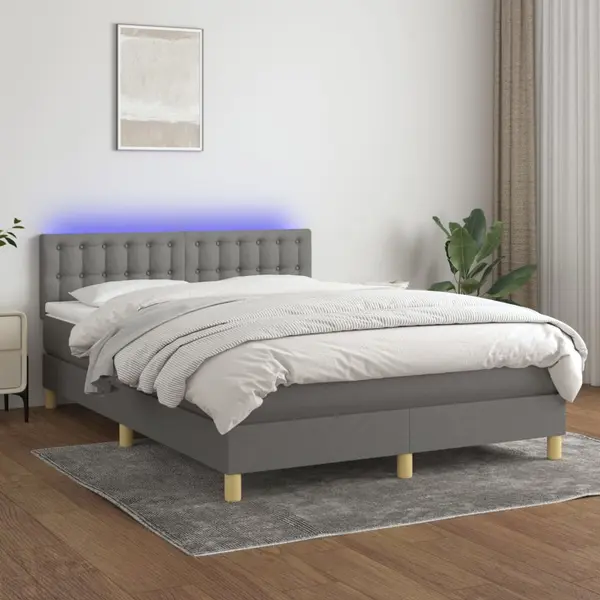 Gossi pat cu arcuri, saltea si led, gri inchis, 140x200 cm, textil
