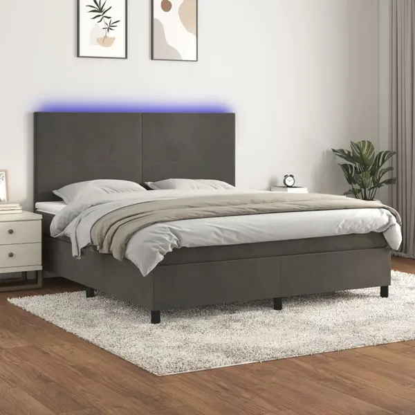 Gossi pat cu arcuri, saltea si led, gri inchis, 160x200 cm, catifea