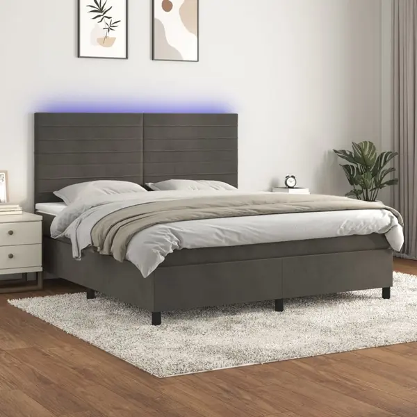 Gossi pat cu arcuri, saltea si led, gri inchis, 160x200 cm, catifea